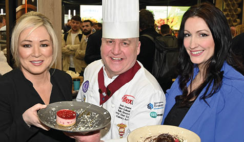 Recipe for Success at IFEX: Thousands attend food, drink, retail, foodservice and hospitality event at TEC Belfast.   First Minister, Michelle O’Neill, and deputy First Minister, Emma Little Pengelly, attended Day Two of the event, and are pictured with Sean Owens, Salon Culinaire Director, IFEX.   IFEX runs until 4pm on Thursday 7th March and visitors can register at www.IFEXexhibition.co.uk   Photo by Simon Graham