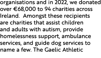 organisations and in 2022, we donated over €68,000 to 94 charities across Ireland. Amongst these recipients are chari...