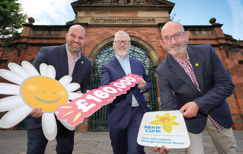 Henderson Group Sales and Marketing Director, Paddy Doody (centre) with Phil Alexander, CEO at Cancer Fund for Children (left) and Conor O’Kane, Partnership Manager at Marie Curie NI, celebrating the £160,000 raised by SPAR NI throughout their 60th anniversary year in 2021. 