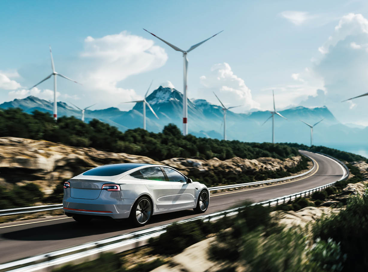 Electric car drive on the wind turbines background. Car drives along a mountain road. Electric car driving along windmills farm. Alternative energy for cars. Car and wind turbines farm. 3d render