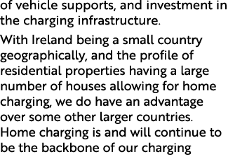of vehicle supports, and investment in the charging infrastructure. With Ireland being a small country geographically...