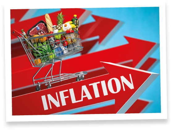 Inflation, growth of market basket or consumer price index concept. Shopping basket with foods on arrow. 3d illustration