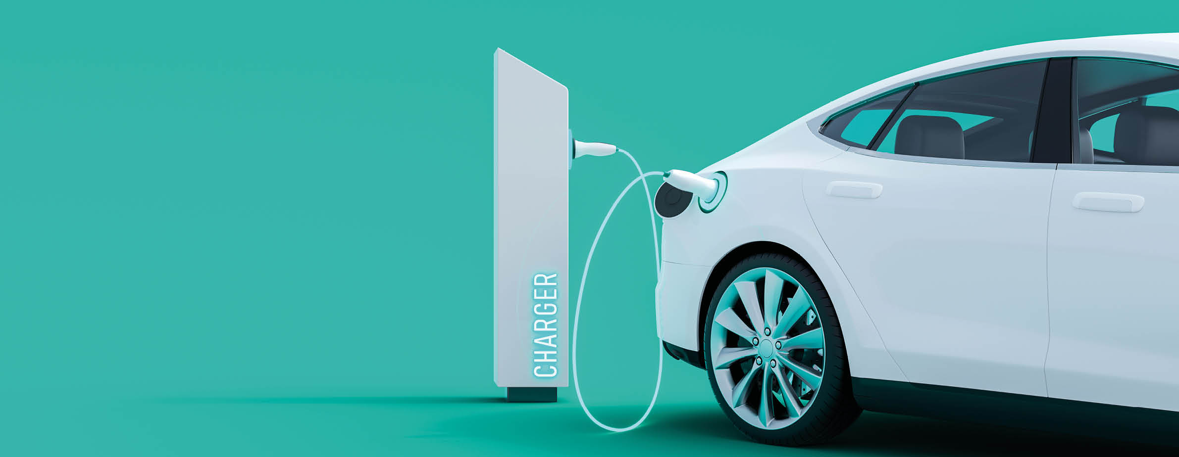 White electric car connected to power station charger on green background 3D Rendering, 3D Illustration