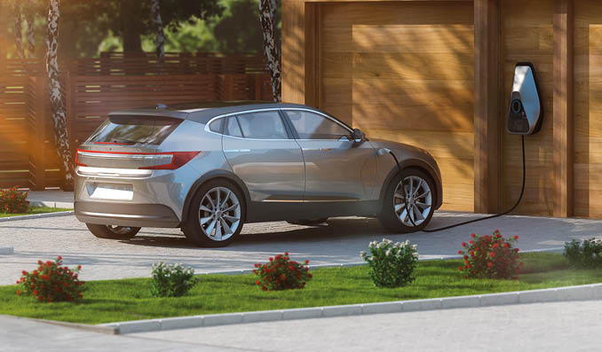 electric car suv parked in front of home modern low energy suburban house 3d illustration