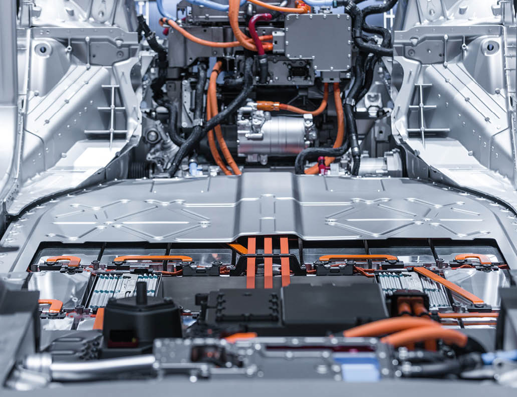 Electric car lithium battery pack and power connections. Blue toned.