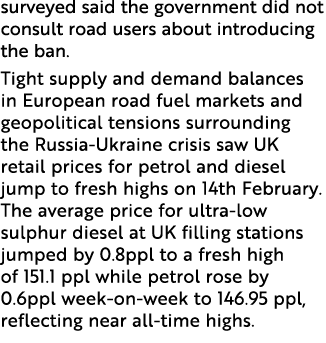 surveyed said the government did not consult road users about introducing the ban. Tight supply and demand balances i...