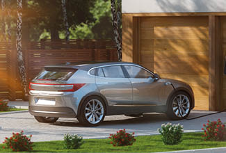 electric car suv parked in front of home modern low energy suburban house 3d illustration