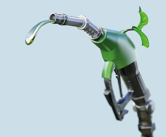 Gas pump nozzle with gasoline or biofuel drop and growing green sprout symbolising environmental friendliness, isolated. Ecological biofuel concept. 3D illustration