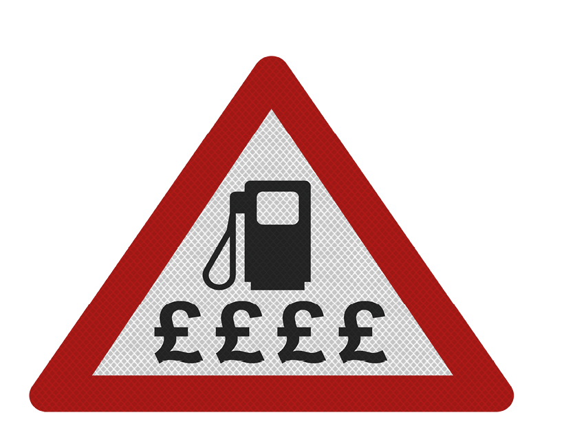 Photo realistic reflective metallic 'expensive fuel' sign, isolated on a pure white background.
