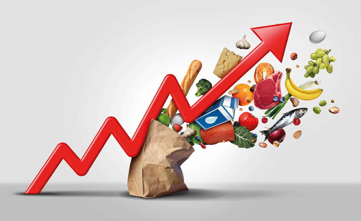 Rising food cost and grocery prices surging costs of supermarket groceries as an inflation financial crisis concept hit by as a finance graph arrow with 3D render elements.