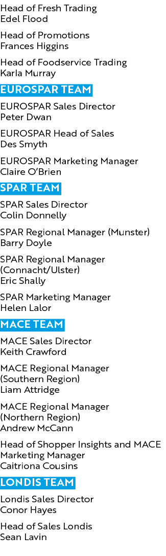 Head of Fresh Trading Edel Flood Head of Promotions Frances Higgins Head of Foodservice Trading Karla Murray eurospar...
