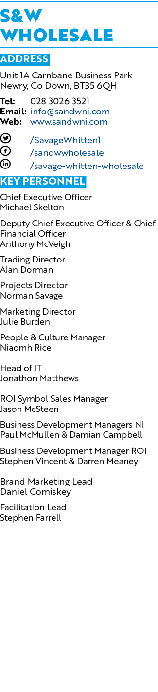 S&W Wholesale ADDRESS Unit 1A Carnbane Business Park Newry, Co Down, BT35 6QH Tel: 028 3026 3521 Email: info@sandwni....