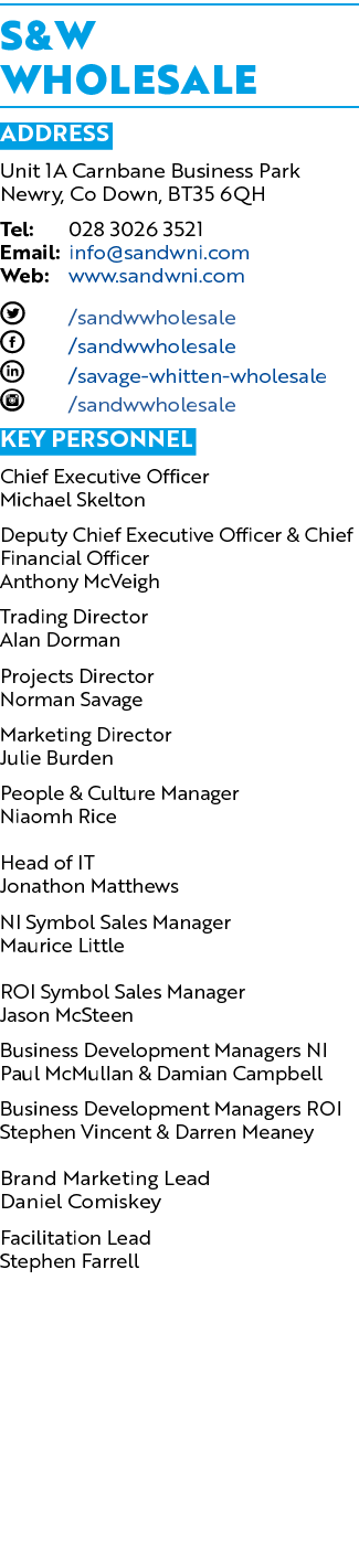 S&W Wholesale ADDRESS Unit 1A Carnbane Business Park Newry, Co Down, BT35 6QH Tel: 028 3026 3521 Email: info@sandwni....