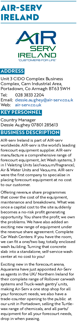 AIR SERV IRELAND ￼ Address Unit 3 CIDO Complex Business Complex, Carn Industrial Area, Portadown, Co Armagh BT63 5WH ...