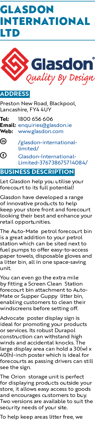 Glasdon International Ltd ￼ Address Preston New Road, Blackpool, Lancashire, FY4 4UY Tel: 1800 656 606 Email: enquiri...