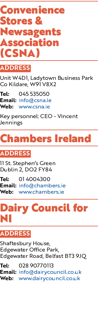 Convenience Stores & Newsagents Association (CSNA) ADDRESS Unit W4D1, Ladytown Business Park Co Kildare, W91 V8X2 Tel...