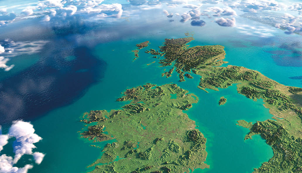Highly detailed fragments of the planet Earth with exaggerated relief, translucent ocean and clouds, illuminated by the morning sun. Ireland and UK. Elements of this image furnished by NASA