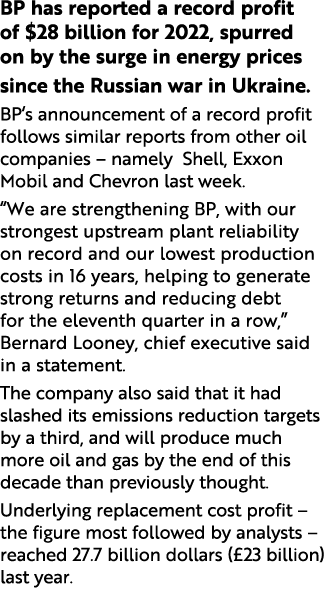 BP has reported a record profit of $28 billion for 2022, spurred on by the surge in energy prices since the Russian w...