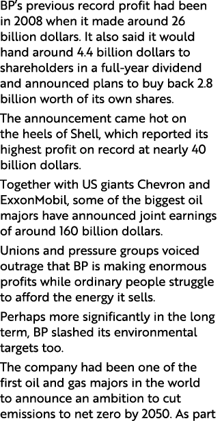 BP’s previous record profit had been in 2008 when it made around 26 billion dollars. It also said it would hand aroun...