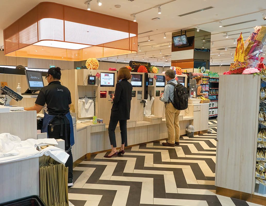 SINGAPORE - JANUARY 20, 2020: self-checkout facilities at Jasons Deli in the Shoppes at Marina Bay Sands. Jasons Deli is a supermarket and delicatessen.