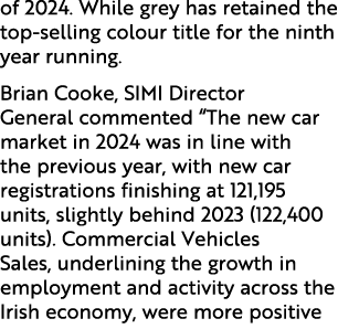 of 2024. While grey has retained the top selling colour title for the ninth year running. Brian Cooke, SIMI Director ...
