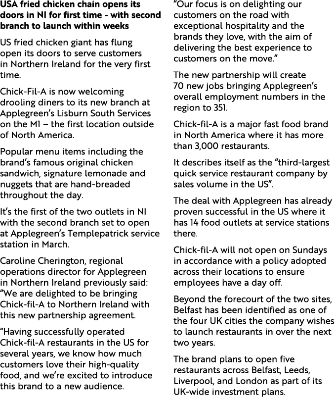 USA fried chicken chain opens its doors in NI for first time with second branch to launch within weeks US fried chick...