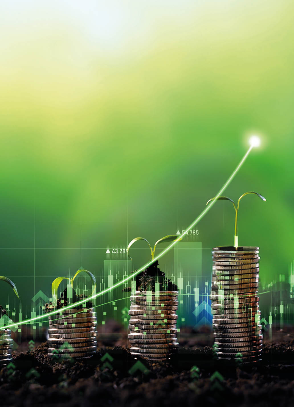 Growing money,finance and investment. Seedling are growing with business arrow of growth.Young plants on coin stacks increase. Concept of business growth,profit, development and success. 