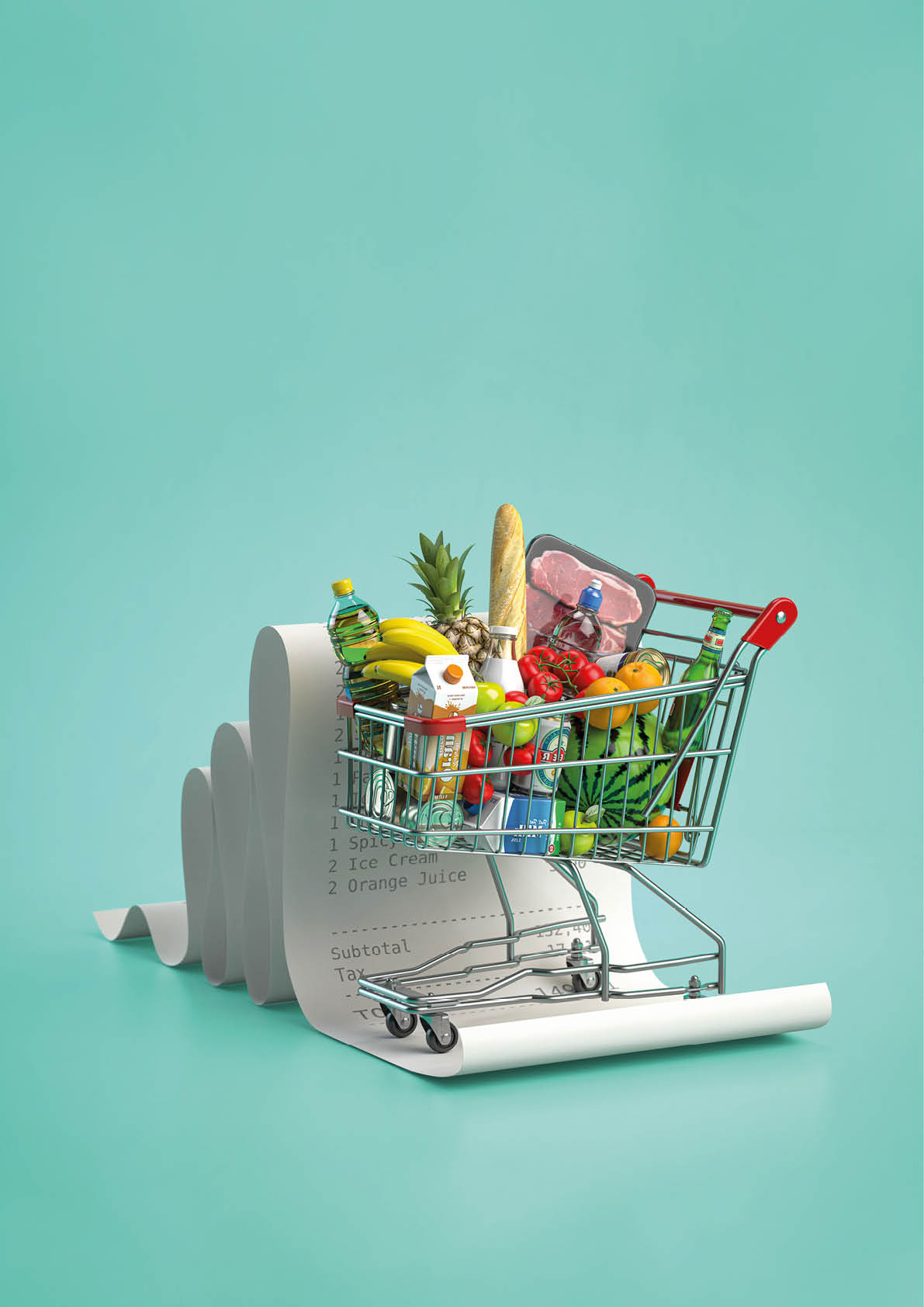 Shopping cart with foods on receipt. Grocery expenses budget, inflation and consumerism concept. 3d illustration