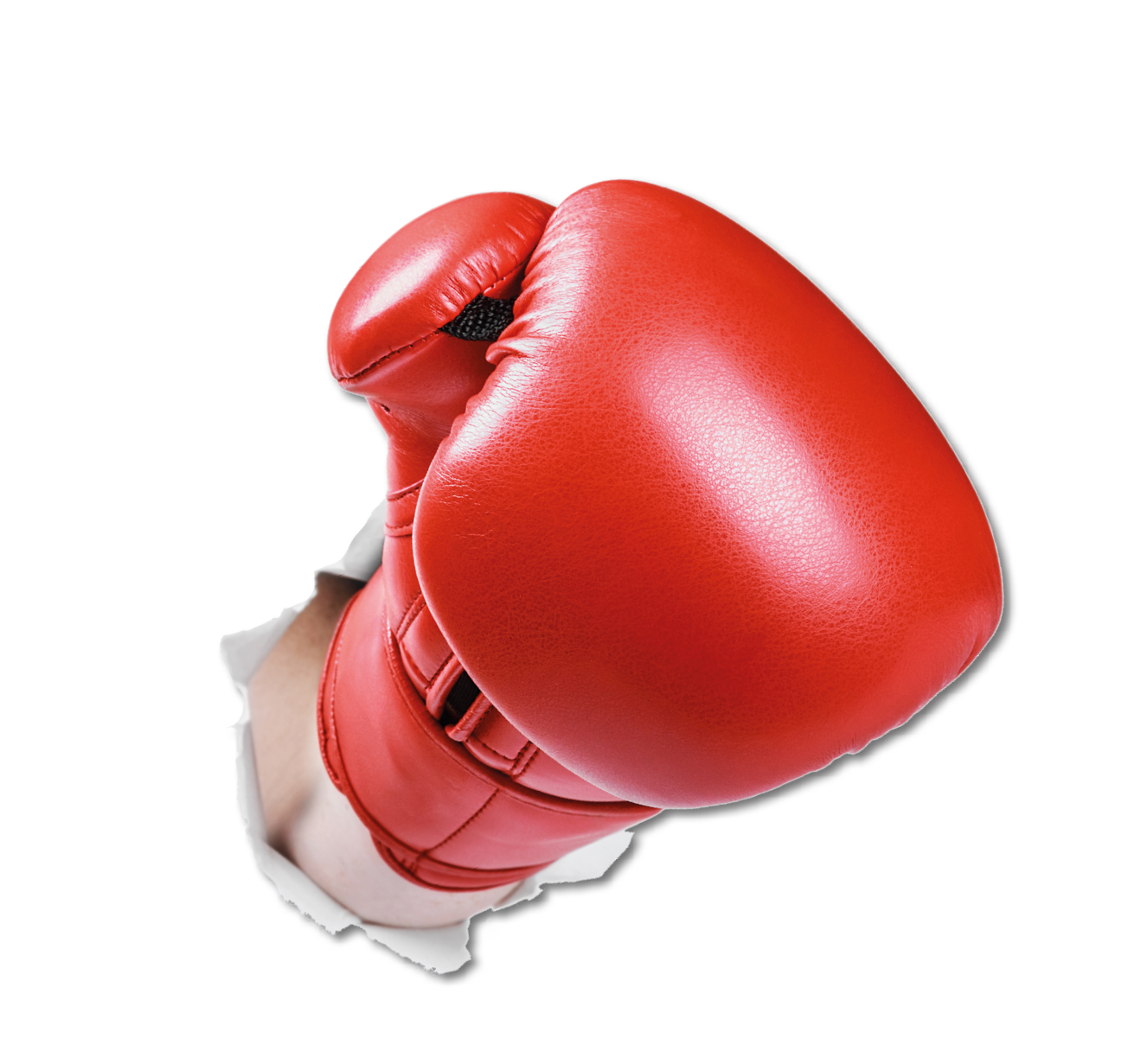 hand in boxing glove broke through the paper wall. Place an empty paper for your text