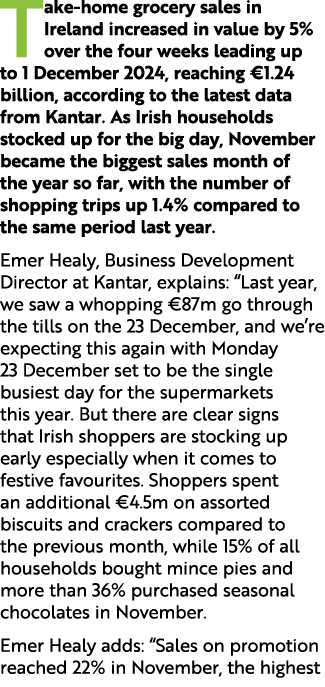 Take home grocery sales in Ireland increased in value by 5% over the four weeks leading up to 1 December 2024, reachi...