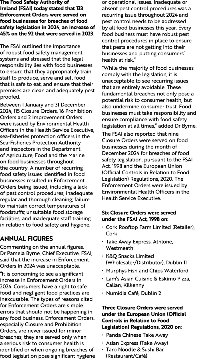 The Food Safety Authority of Ireland (FSAI) today stated that 133 Enforcement Orders were served on food businesses f...