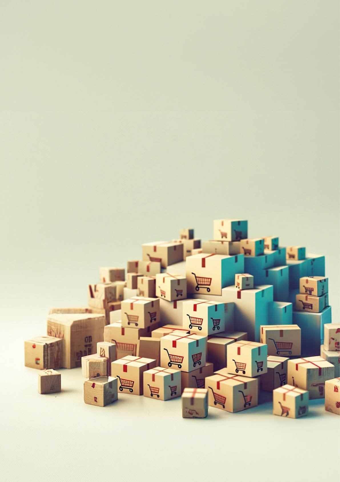 stack of cardboard boxes with shopping trolly logos on plain background