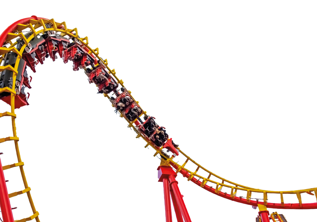 A roller coaster in action at an amusement park