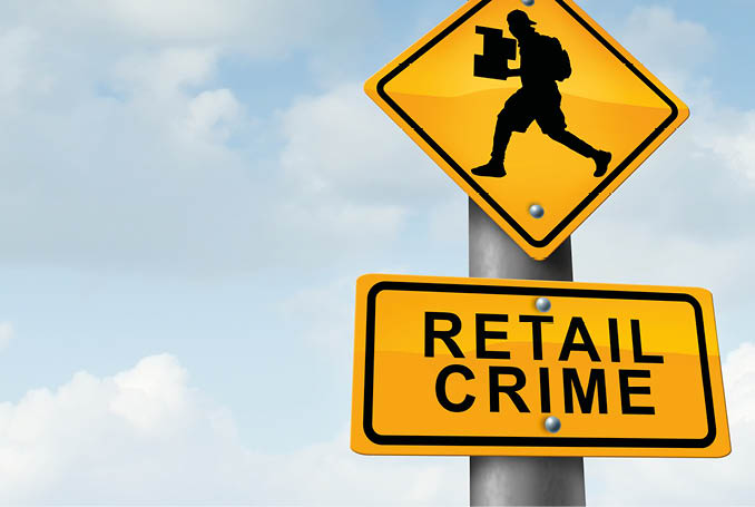Retail crime theft problem robbing and shoplifting stores business concept of a shoplifter stealing merchandise from a retailer as a thief committing larceny with 3D illustration elements.