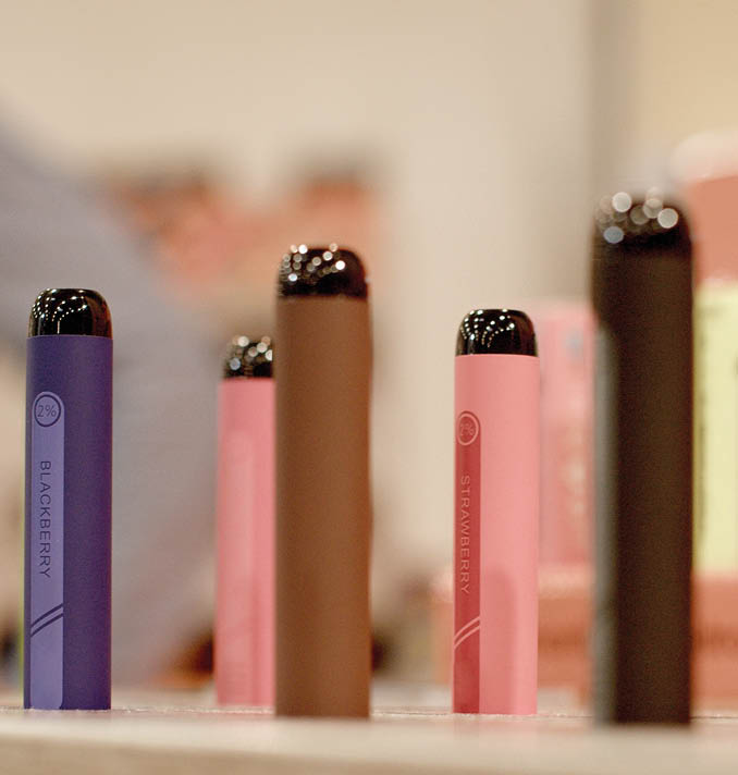 Close-up of varicoloured vapes devises with different tastes. Vaping industry is dynamic, with new products and terms constantly evolving. 3.11.2023 Beranovych 667, Prague, CZ