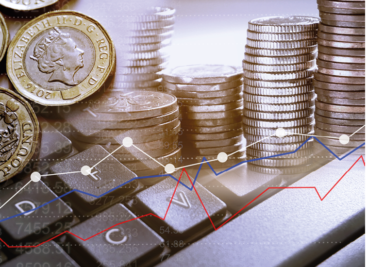 Double exposure of UK Stock graphic with new pound coin background on financial market trade chart, finance and banking concept. Mixed media.