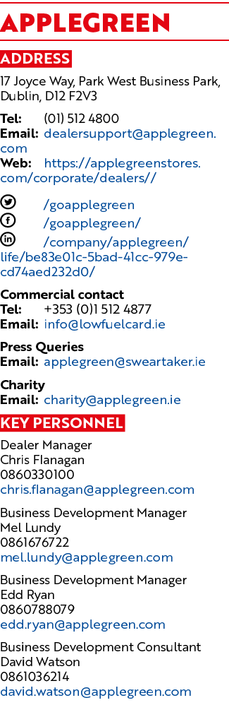 Applegreen Address 17 Joyce Way, Park West Business Park, Dublin, D12 F2V3 Tel: (01) 512 4800 Email: dealersupport@ap...