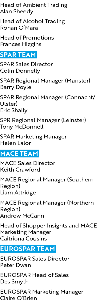 Head of Ambient Trading Alan Sheedy Head of Alcohol Trading Ronan O’Mara Head of Promotions Frances Higgins SPAR Team...