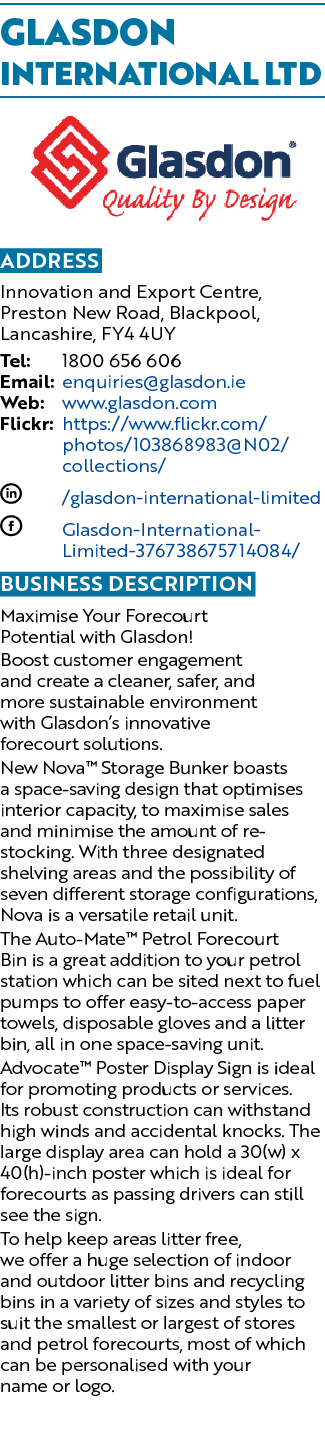 Glasdon International Ltd ￼ Address Innovation and Export Centre, Preston New Road, Blackpool, Lancashire, FY4 4UY Te...