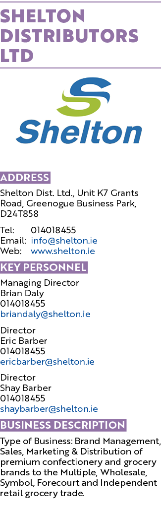 Shelton Distributors Ltd ￼ Address Shelton Dist. Ltd., Unit K7 Grants Road, Greenogue Business Park, D24T858 Tel: 014...