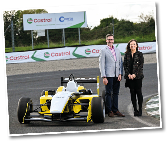 12 September 2024; Castrol has announced its return to Irish motorsport after 25 years, as the new title sponsor of Turn 1 at the Mondello Park International Race Circuit, which has been renamed and branded as ‘Castrol Corner’. The sponsorship is part of a new strategy to build and grow the Castrol brand in Ireland following the appointment of Certa, part of DCC plc, as Castrol’s sole Country Partner for Ireland and Northern Ireland. In attendance at the announcement are Niamh Gaffney, Retail Sales and Marketing Manager with Certa and Roddy Greene, Managing Director at Mondello Park. Photo by David Fitzgerald/Sportsfile *** NO REPRODUCTION FEE ***