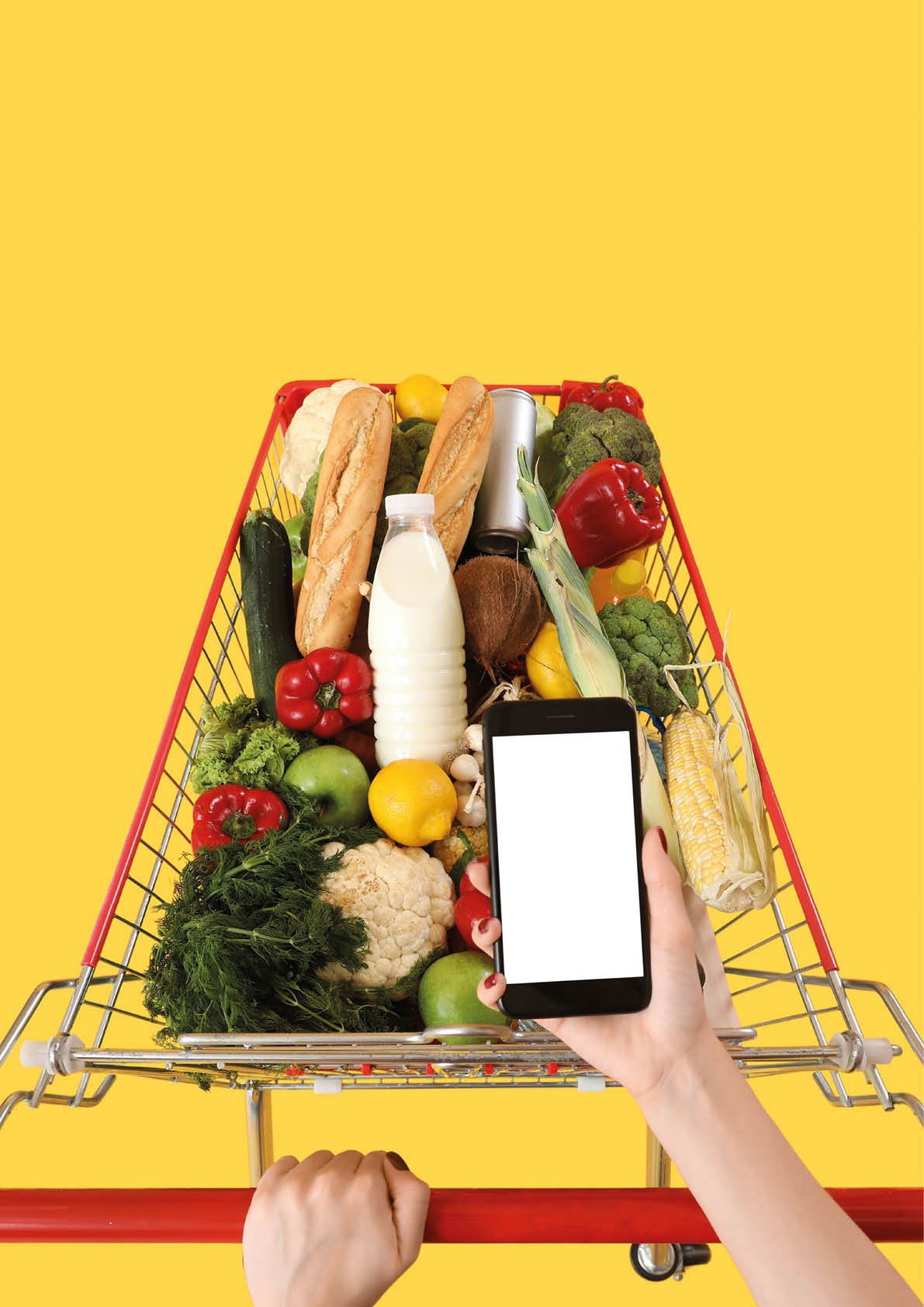 Woman with mobile phone pushing shopping cart full of food on yellow background