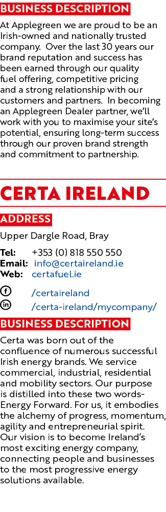 Business Description At Applegreen we are proud to be an Irish owned and nationally trusted company. Over the last 30...
