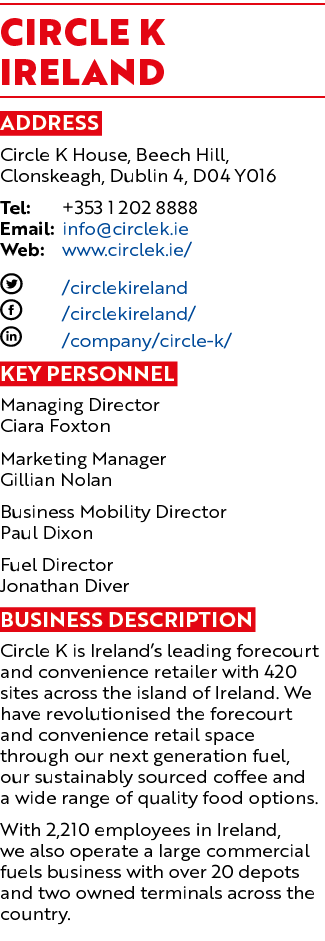 Circle K IRELAND Address Circle K House, Beech Hill, Clonskeagh, Dublin 4, D04 Y016 Tel: +353 1 202 8888 Email: info@...