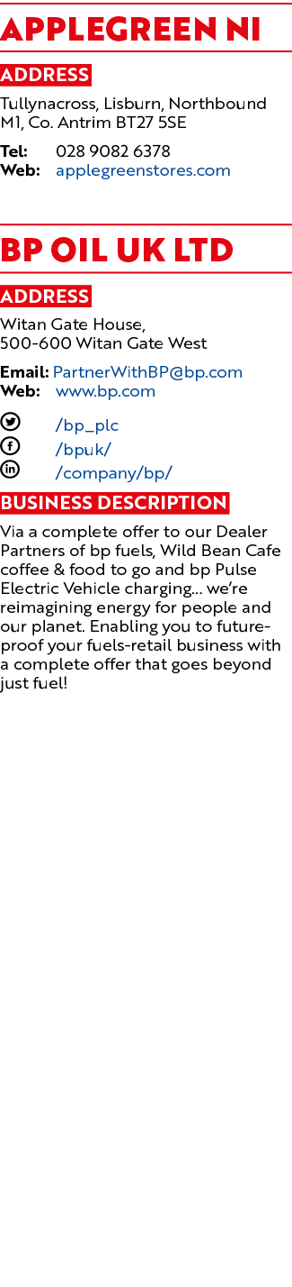Applegreen NI Address Tullynacross, Lisburn, Northbound M1, Co. Antrim BT27 5SE Tel: 028 9082 6378 Web: applegreensto...