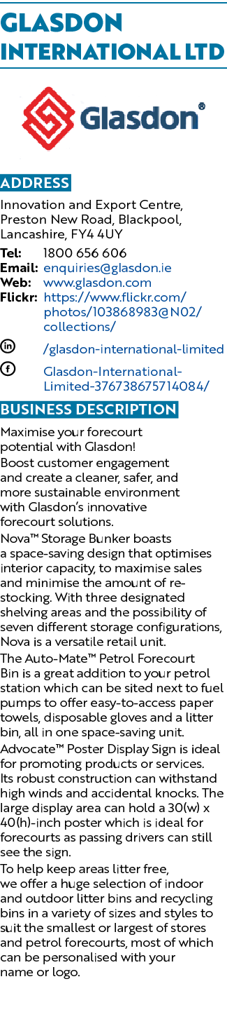 Glasdon International Ltd ￼ Address Innovation and Export Centre, Preston New Road, Blackpool, Lancashire, FY4 4UY Te...