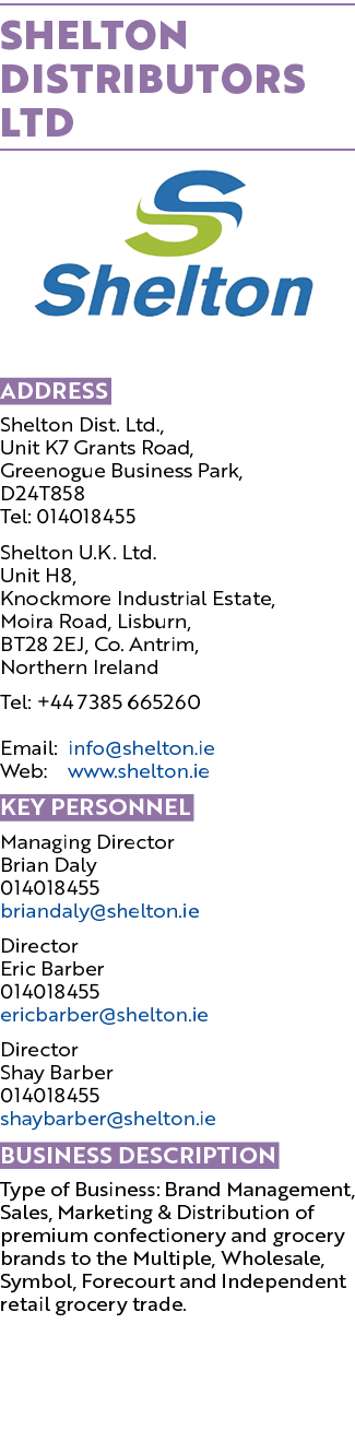 Shelton Distributors Ltd ￼ Address Shelton Dist. Ltd., Unit K7 Grants Road, Greenogue Business Park, D24T858 Tel: 014...