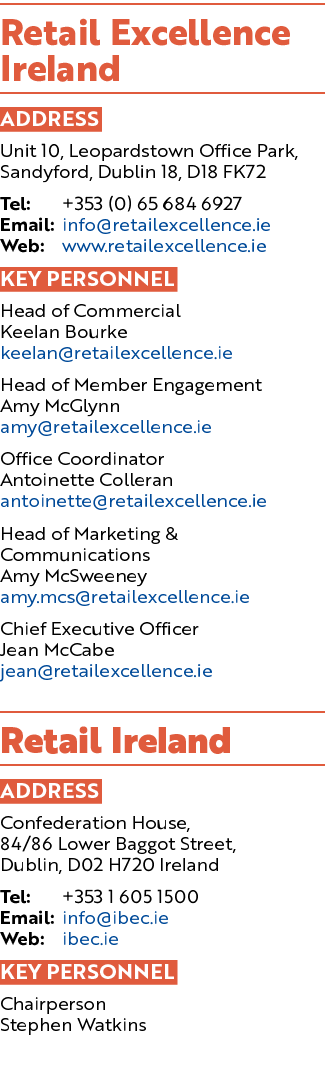 Retail Excellence Ireland ADDRESS Unit 10, Leopardstown Office Park, Sandyford, Dublin 18, D18 FK72 Tel: +353 (0) 65 ...