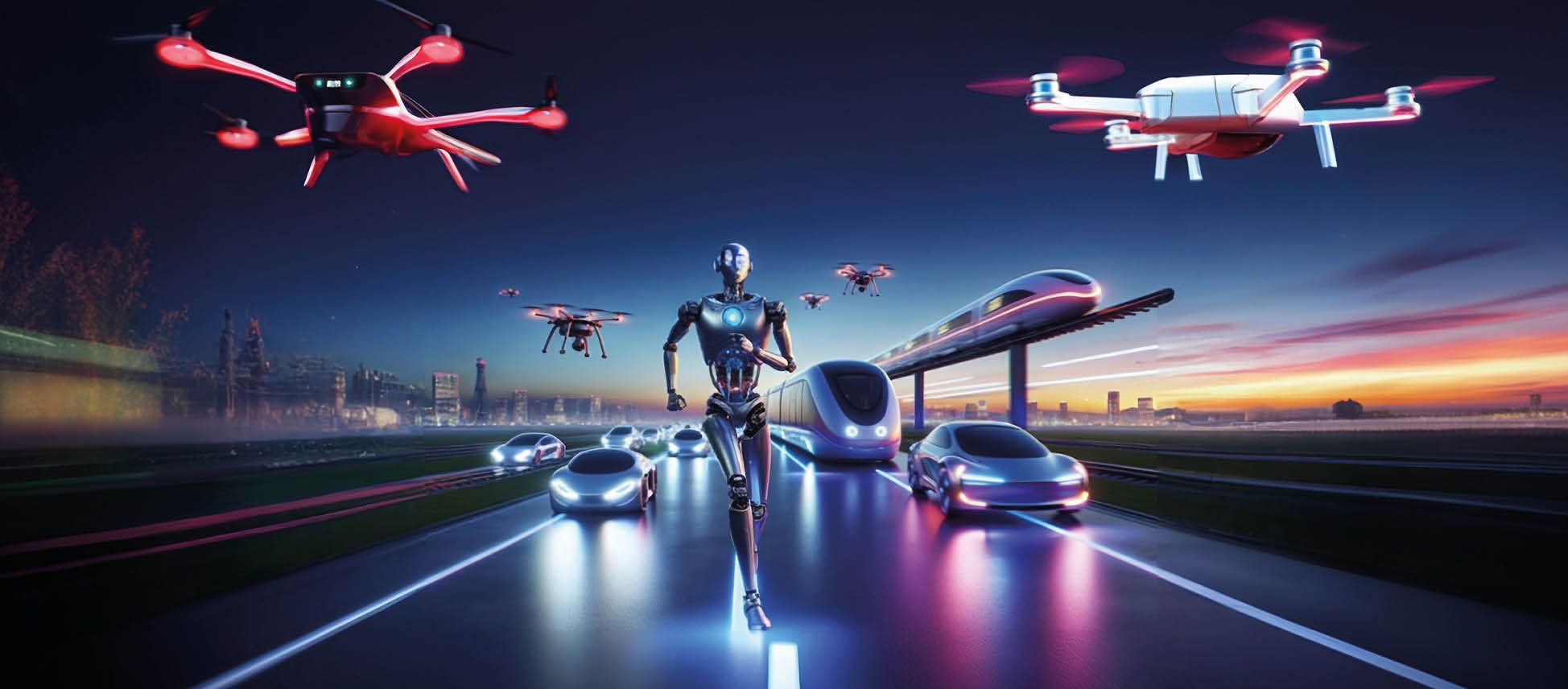 robot android running on road , Autonomous cars on the sides, drones over it, modern train on background, AI technology concept. Futuristic elements. Colorful, highly-detailed, ultrarealistic
