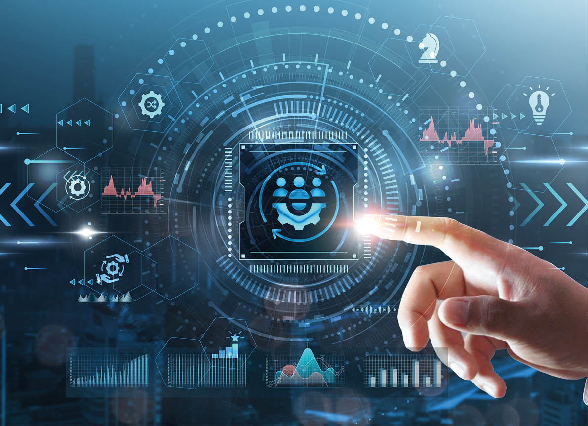 Change Management: Businessman’s hand touching futuristic technological interface, process optimization, organizational transformation, workflow adaptation, and business strategy concept.